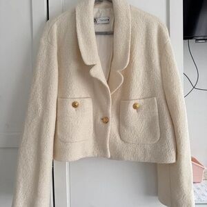 Zara Ivory Textured Blazer with Gold Accents